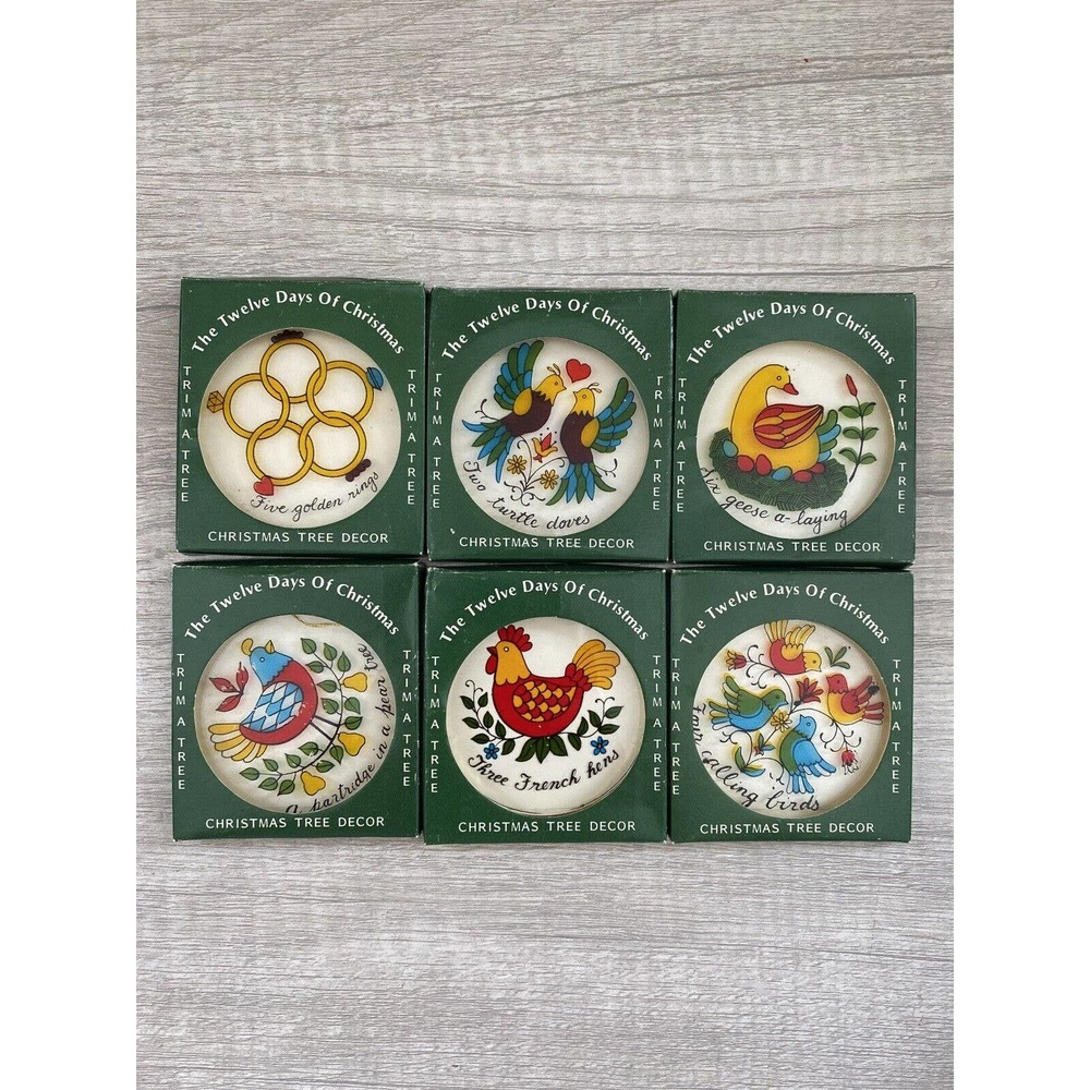 (6) Vtg 12 Days of Christmas Ornaments Trim A Tree Translucent Holiday Read